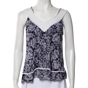 Poupette St. Barth Top Sleeveless V-Neck Embroidered Blue‎ White Paisley Beach